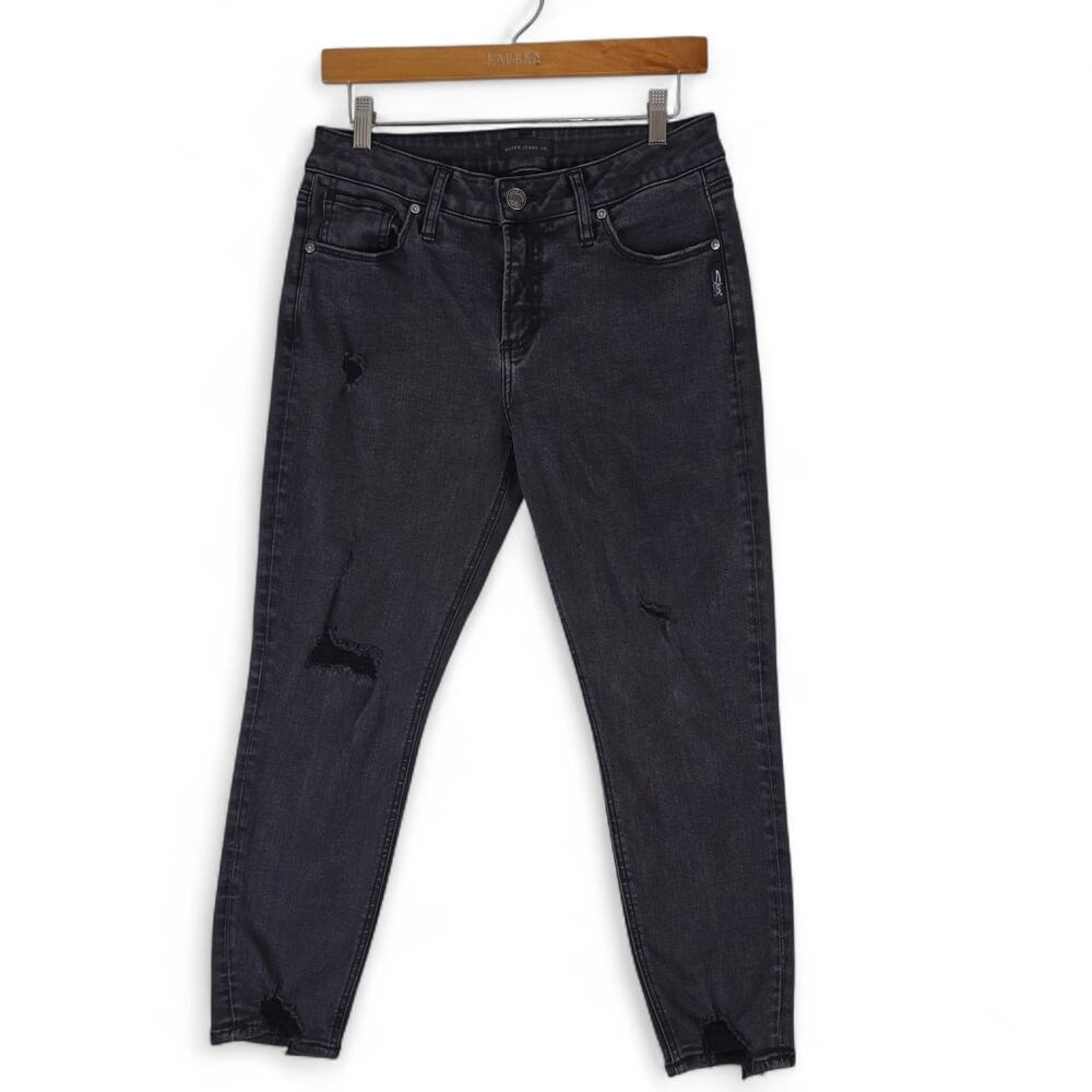 Silver Jeans Avery Skinny Crop Womens 29x25 Black Distressed‎ Denim Stretch